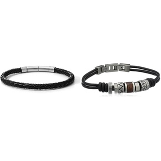 Fossil Herren Armband Leder JF00510797 & Armband Für Männer, Länge: 20 + 1,5 Cm Silbernes Edelstahlarmband, JF84196040