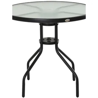 Runder Gartentisch - Bistro Gartentisch - Ø 80 x 72 cm - Schirmloch - Stahl mit Epoxidbeschichtung - Tischplatte aus gehärtetem Glas - Armeegrün