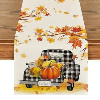 Artoid Mode Lastwagen Kürbisse Ahornblätter Herbst Tischläufer, Saisonnal Küche Tisch Dekoration Drinnen Urlaub Party Dekor 40x140 cm