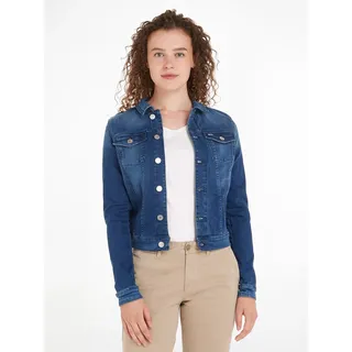 Jeansjacke TOMMY JEANS "VIVIANNE SLIM TRUCKER NNMBS", Damen, Gr. XXS (32), blau (new niceville mid blau), Denim/Jeans, Obermaterial: 90% Baumwolle, 8% Elastomultiester, 2% Elasthan, unifarben, figurbetont, Bündchen, Jacken Jeansjacke, mit Tommy Jeans Branding Knöpfen & Logo-Flag