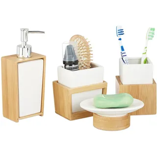 Relaxdays Badezimmer Set, 4-teiliges Badzubehör aus Keramik und Bambus, Seifenspender und Zahnputzbecher, natur-weiß, 10 x 14 x 20 cm