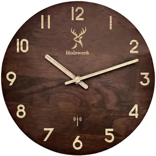 Holzwerk Germany Natur Holz Funkwanduhr Funk Wanduhr Holzuhr Vintage Funkuhr lautloses Uhrwerk ohne Tickgeräusche Braun Weiß lautlos aus handgefertigtem Massivholz Natur 25 cm (Holzwerk.Braun.)