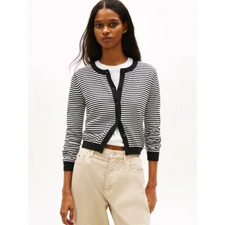 Strickjacke TOMMY JEANS "TJW ESSENTIAL CREW NECK CARDIGAN", Damen, Gr. M (38), schwarz stripe 02, Strick, Obermaterial: 100% Baumwolle, gestreift, regular fit normal, Rundhals, Rippstrickbündchen, Strickjacken Strickjacke, Baumwolle