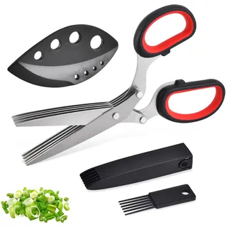 Gewürzschere, Kräuterscheren, Edelstahl Küchenschere 5 Klingen, Gemüseschere, Kräuterschere, mit Reinigungskamm, Sicherheitsabdeckung und Abstreiflöchern, für Gemüse Petersilie Koriander, schwarz Rot
