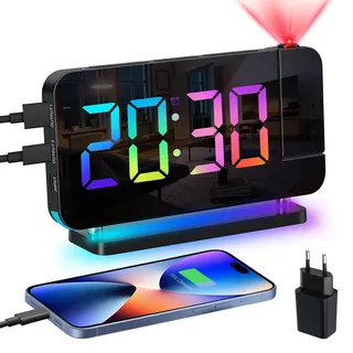Venchin Wecker Digital: Projektionswecker 180°Projektor, Tageslichtwecker mit Netzteil USB-A & USB-C Ladeanschluss Snooze 12H/24H DST 7,4" LED Tischuhr Modern Digitaluhr Kinder