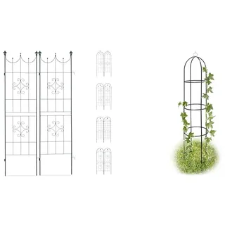 Relaxdays Rankgitter 2er Set, Metall, 180 x 50 cm & Rankobelisk beschichtetes Metall 190 cm, witterungsbeständige Garten Rankhilfe für Rosen und Blumen, grün