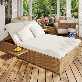 MERAX Gartenliege Outdoor Gartenmöbel Balkonset Terrassenmöbel Sonneninsel, Polyratten Gartenliege klappbare Doppelliege mit Regal & Kissen - Beige