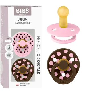 BIBS Polka Dots Schnuller 2er-Pack, BPA-frei, Kirschform Nippel. Naturkautschuk/Latex, Hergestellt in Dänemark, Größe 2 (6-18 Monate), Baby Pink/Mocha