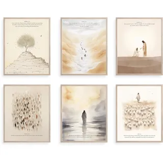 TwoDays Christliche minimalistische Wandkunst, Boho-Bibelgeschichte, Raumdekoration, ästhetisch, Skriptur, Klassenzimmer-Poster, Jesus-Kunstdrucke für Zuhause. (20,3 x 25,4 cm, 6 Stück, ungerahmt)