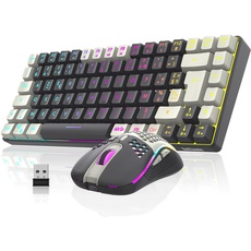 RedThunder K84 Combo Tastatur und Maus, kabellos, AZERTY, Französisch, wiederaufladbarer Akku mit RGB-Hintergrundbeleuchtung, in Wabenmuster, 3200 dpi (weiß-grau)