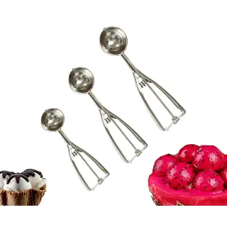 Becho Eisportionierer aus Edelstahl mit Auslöser für Kekse, Obst, 3 Stück Keksschaufel mit großen, mittelgroßen und kleinen Kugeln, Edelstahl, silberfarben, langlebig