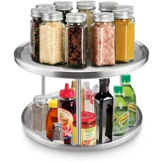 Tiamu Drehteller Kühlschrank Organizer Lazy Susan, 2 Etagen 360° Drehplatte Gewürzhalter, Edelstahl Küchen Organizer, Küchenregal, Gewürzregal für Schrank Unterschrank Schminktisch