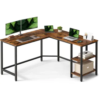 VASAGLE Schreibtisch, L-förmiger Computertisch, 138 x 138 x 76 cm, Eckschreibtisch mit 2 Ablagen, platzsparender Bürotisch, Gaming, Homeoffice, einfacher Aufbau, vintagebraun-schwarz LWD72X