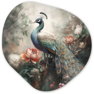 MuchoWow Wandbild Pfau - Pfauenfedern - Vogel - Dschungel - Blumen 60x60 cm , Smaragdgrün , Kunststoff , Organisch , 60x60 cm , einfache und schnelle Anbringung , Bilder & Rahmen, Bilder, Sonstige Wandbilder