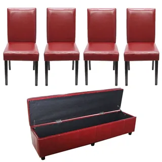 Mendler Garnitur Sitzgruppe Bank mit Aufbewahrung Kriens XXL+4 Stühle Littau, Kunstleder/Leder - Rot