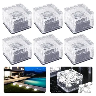 TOPRUNYI 6er-Set Glas Pflastersteine Solar Außen,6,8x6,8x4,8cm,Wasserdicht,LED Lichtsensor On/Off Bodenstrahler,Wegbeleuchtung Dekoration für Garten,Terrasse,Balkon & Pfad(Transparent Weiß)