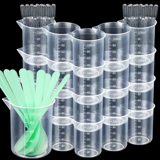 20 Stück Messbecher 100ml, Epoxidharz-Plastik mit 10 Rührstäben und 10 Transfer-Pipetten, Präzision-Messbecher mit Maßstab für Basteln, Gießformen und Schmuckmachen