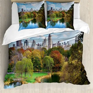 ABAKUHAUS New York Bettbezug, Central Park Herbst, Milbensicher Allergiker geeignet mit Kissenbezügen, 200 cm x 200 cm - 80 x 80 cm, Mehrfarbig