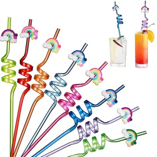 8 Stück Bunte Strohhalme Wiederverwendbar, Party Spiral Strohhalmes, Strohhalme Kinder, Plastikstrohhalme, Strohhalm Plastik, für Milch, Saft, Cocktails, Kinder Regenbogenwolke Strohhalmes