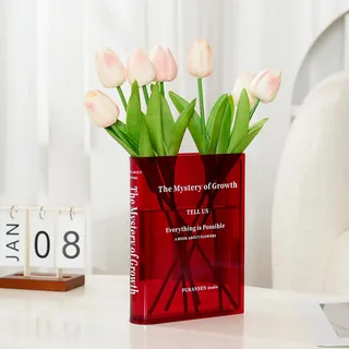 Puransen Buchblumen-Vase, niedliche Bücherregal-Dekoration, für Buchliebhaber, künstlerischer und kultureller Geschmack, Acrylvasen für Heimbüro-Dekor, A Book About Flowers (transparentes Rot)