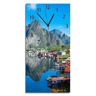 Wallario Design Wanduhr bedruckt, Größe 30 x 60 cm, Motiv: Skandinavisches Bergpanorama - Blau