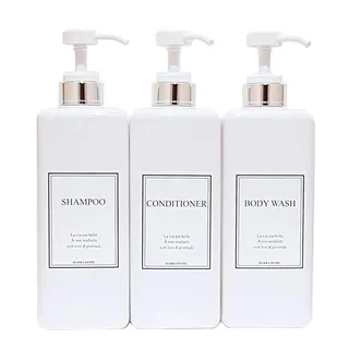 HARRA HOME Pumpflaschenset mit modernem Golddesign, nachfüllbar, für Shampoo und Spülung, Leere Dusche, Kunststoffflaschen Pumpe, Badezimmer, Lotion, 3 Stück (weiß & Silber)