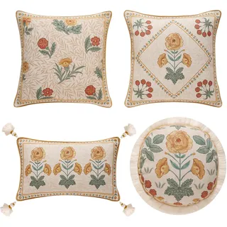 patdrea Deko-Kissenbezüge, Dekokissen, Zierkissen, 4er-Set, Sommer-Leinen, Bauernhaus-Überwurf, Blumenmuster, für Auto, Couch, Sofa, Bett, Wohnzimmer