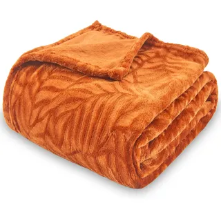 SOCHOW Flanell Fleecedecke mit 3D-Blattmuster, leichte, superweiche, gemütliche Plüsch-Bettdecke/Sofadecke 150 x 200 cm, Orange