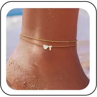 ZHESHY Fußkettchen Für Damen 14k Gold Herz Buchstaben Fussketten Für Frauen Wasserfester Layered CZ A-Z Initial Fußkette Verstellbar Fußschmuck Sommer Strand Handgefertigt Schmuck Geschenke 21+5cm