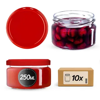 KADAX 10er Set Marmeladengläser 250ml TO82 Rot, Einmachgläser Vorratsgläser Mason Jar mit Schraubdeckel, Luftdichte Schraubgläser, Honig & Konfitüre