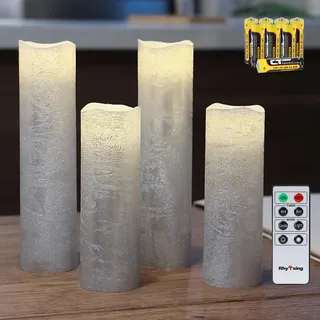 Rhytsing 4 flammenlose LED Wachskerzen Silber Rustik-Design mit Fernbedienung und Timerfunktion, inkl. Batterien - D 5 cm
