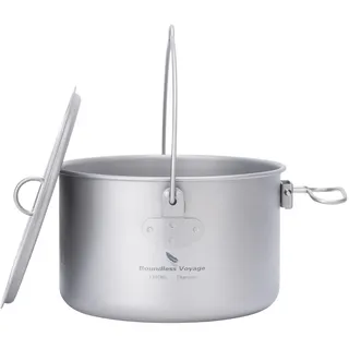 iBasingo Camping Topf 1,3L Titan - Leichtes Kochgeschirr Set für Outdoor, Wandern & Trekking - Hängender Kochtopf mit Klappgriff - Küchenutensilien für 1 Person - Mess Kit Ti2043C