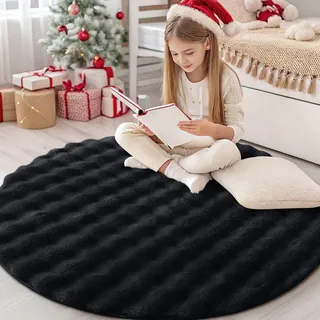 Homaxy Hochflor Teppich mit 3D Bubble Muster Weich Flauschig Teppiche, Waschbar Antirutsch Klein Teppich für Wohnzimmer, Kinderzimmer, Schlafzimmer - 120 cm Rund, Schwarz