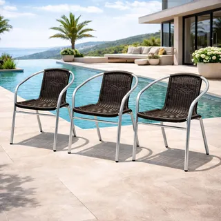 3 Stück Stabiler Aluminium / Polyrattan Bistrostuhl stapelbar - Silber, Schwarz