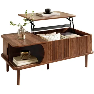 Flieks Couchtisch Retro Walnuss höhenverstellbar Rillen modern , Walnussfarben , Holzwerkstoff , 48x55.5x100 cm , Wohnzimmer, Wohnzimmertische, Couchtische