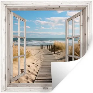 MuchoWow Wandtattoo Fenster - Meer - Küste - Natur - Ausblick - Strand - Wattenmeer 50x50 cm , Beige , Kunststoff , 50x50x0.1 cm , Tapeten & Wandverkleidungen, Wandtattoos & Sticker