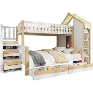 Flieks Etagenbett 90x200cm + 140x200cm Weiß + Natur 2 Schubladen Hausleiste , Multicolor , Holz , 140x200 cm , Babymöbel & Kindermöbel, Kinderzimmer & Jugendzimmer, Stockbetten