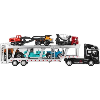 7-in-1-Transport-LKW-Spielzeug-Legierung, Rückziehfunktion, Trägermodell mit 6 kleinen technischen Fahrzeugen, 12,6 Zoll, schwarz, modernes Fahrzeug