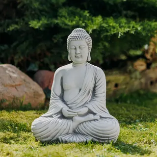 Großer massiver Stein Buddha Mönch Tempelwächter aus Steinguss frostfest (Gr. 42 cm) - grau - 42 cm