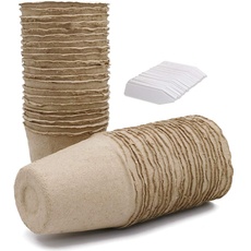 KINGLAKE 100 Stück Anzuchttöpfe Biologisch Abbaubare 6CM, Kleine Aussaattöpfe Papier Zellstoff Rund, Für Sämlingen,Saate, Stecklingen, Mit 100 Stück Pflanzenstecker 5X1CM