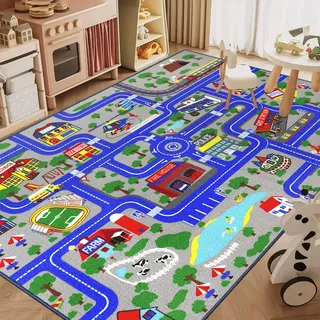 Capslpad Kinderteppich 150x200cm rutschfest Stadtplan Spielteppich Pädagogischer Spielteppich Maschinenwaschbar Kurzer Flor Autoteppich Kinder für Kinderzimmer Schlafzimmer Spielzimme Blau