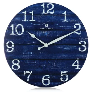 Lafocuse Rustikal Wanduhr Holz Lautlos, Vintage Retro Wanduhr Blau, Shabby Chic Deko Ohne Ticken für Wohnzimmer Schlafzimmer Küchen Büro 30cm