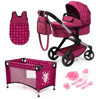 Bayer Design 17067AB Puppenwagen Xeo, Verstellbarer Griff, Schwenkschieber, wandelbar als Jogger, Schlafsack, Puppenbett, Zubehör, Bordeaux, Rosa