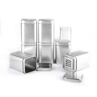 8 Spicebar Gewürzdosen Eckig Set mit Aromadeckel + 8 Etiketten + 4 Streueinsätze, Aromadose Maße: 8x6x6 cm