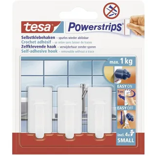 tesa Powerstrips Haken Small Classic - Selbstklebender Wandhaken für Glas, Kacheln, Holz, Kunststoff und andere Untergründe - Weiß, Klein