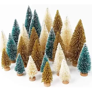 Fayavoo 24 Stück Mini Weihnachtsbäume künstlich, Schneefrost Sisal Bäume mit Holzfuß, Flaschenbürstenbäume 4 Größen für DIY Weihnachtsdeko, Winter Dorf Szene & Tischdekoration (Grün/Gold/Elfenbein)