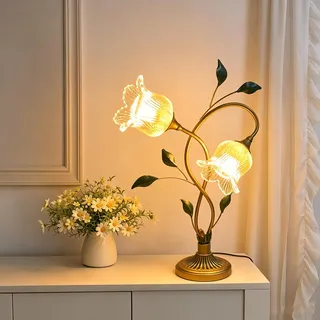eccuslon Tischlampe Vintage Retro, Blumen-Tischlampe mit Glas-Blumen-Schirm, Vintage-Landhaus-Stil, Bronze-Metall-Basis, E12-Fassung (Lampe nicht im Lieferumfang)