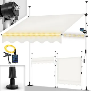 tillvex Klemmmarkise 150 cm Beige mit Solar LED mit Handkurbel Balkon | Balkonmarkise ohne Bohren | Markise UV-beständig & höhenverstellbar | Sonnenschutz wasserdicht - Beige