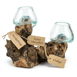 Wogeka Glasvase Doppel (Ø Glas 7 cm) – Deko Vase aus Handarbeit auf Wurzelholz mit abnehmbaren Glas, Wohnzimmer Deko, geeignet als Blumenvase oder Kerzenglas