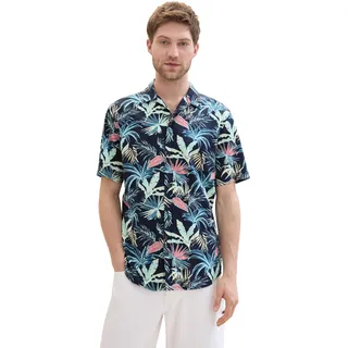 TOM TAILOR Herren Regular Fit Hemd mit Sommer-Allover-Print, navy tropical leaf design, L